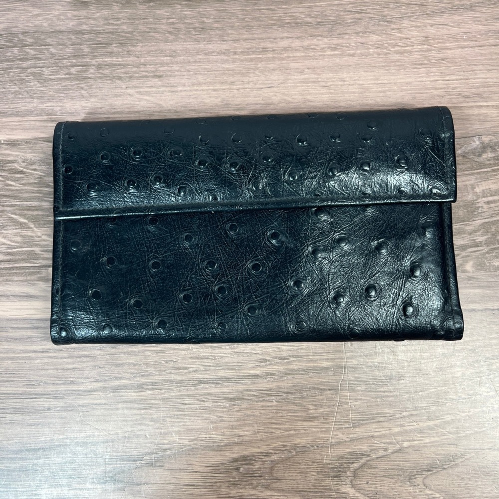 VTG Seamon Checkbook Wallet Womens Black Ostrich Embossed Leather Trifold Snap